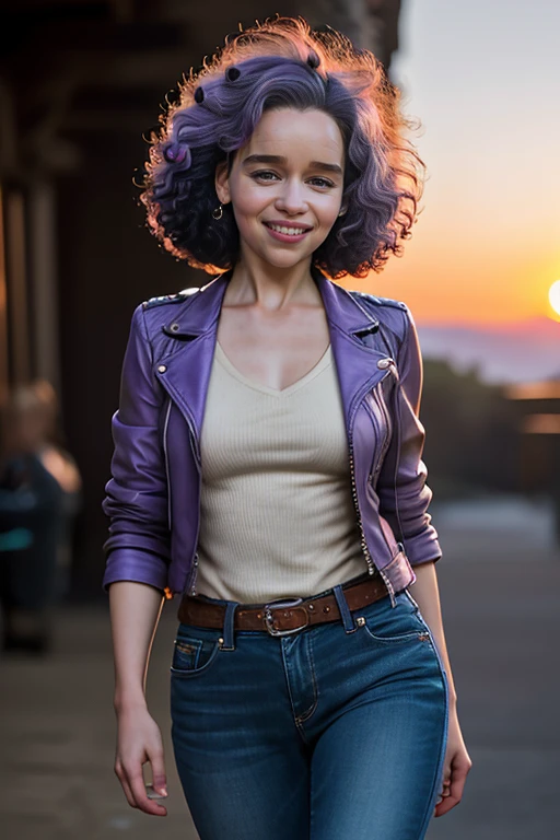 (masterpiece), (extremely intricate:1.3), (realistic), 1girl, a photo of EmiliaClarke, (cowboy shot:1.2), looking at viewer, the most beautiful in the world, smile, teeth,
a woman, biker chick, leather jacket, ripped jeans,
(teeny weeny afro haircut, light purple hair:1.3),
sharp focus, dramatic, award winning, cinematic lighting, octane render unreal engine, volumetrics dtx, (film grain, blurry background, blurry foreground, bokeh, depth of field, sunset, motion blur:1.3), chainmail,
<lora:celebrityown_EmiliaClarke:0.6>,