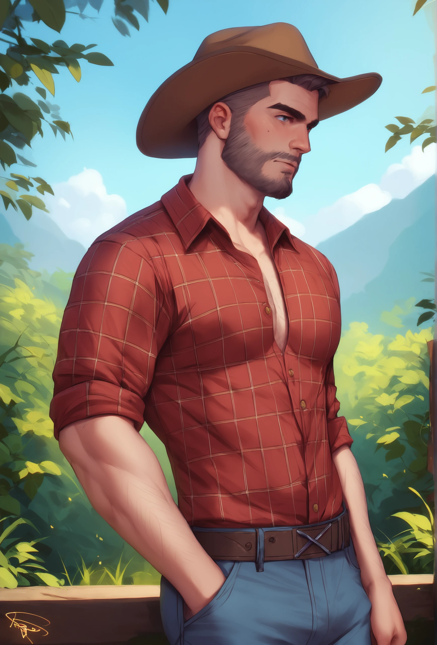 score_9, score_8_up, score_7_up, score_6_up, score_5_up, score_4_up, outdoors, forest BREAK
<lora:personalami_style_ponyXL_v1:1> personalamistyle, 1boy, male, solo, cowboy, cowboy hat, jeans, plaid shirt, beard stubble,