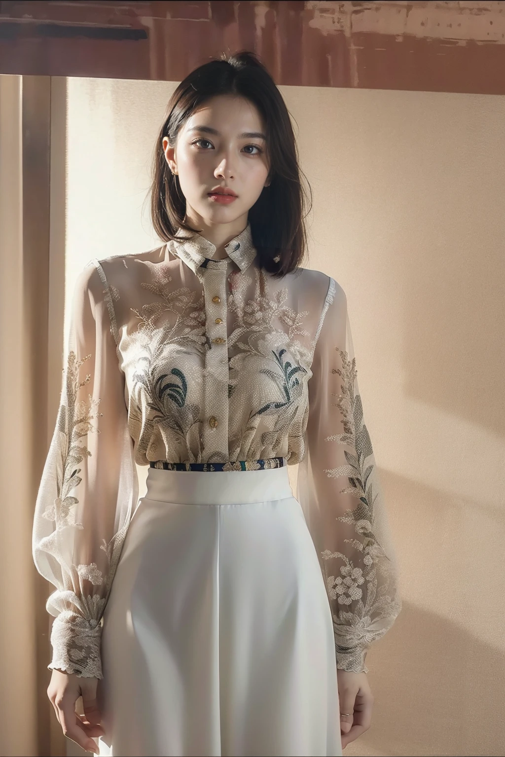 full_body,stand,xinzhongshi,transparent shirt,(patterned clothes:1.3),medium_skirt,((skirt:1.3)),complete body,<lora:1.5_perfect hands:0.8>,<lora:chinese-girl:0.7>,<lora:è¿-000001:0.5>,the perfect hand,<lora:perfect hands:0.8>,è³è,v_legs,<lora:xinzhongshi1.1:0.8>,, best quality, masterpiece, (photorealistic:1),ultra high res,highres,, illustration. media, delicate,8k wallpaper,soft light,official art, (realistic:1.2),1girl,