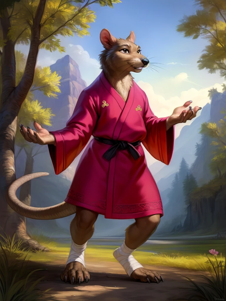  <lora:SplinterRatCartoflurock1:1> SplinterRatCartoflurock1, Rat, (short Red robe), black belt, leg bands, fighting stance
solo,  black eyes,   looking at viewer, thin, slender, standing, full height, (beautiful, aesthetic, perfect, delicate, intricate, masterpiece,)
uploaded on e621, textured fur, furry,  [The sun is shining, nature, forest, river, trees, grass, road, sky with clouds,]
by Floris van Dyck, by Anna Razumovskaya, by Pino Daeni, by Ulitochka, by Ruan Jia