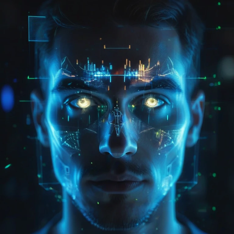 <lora:holoportraitv1:0.7> ,portrait of a man made of light, holo, hololive, hologram, UI, interface, nodes, particles, (futuristic:1.2), artificial eye, cyborg, cyberpunk,