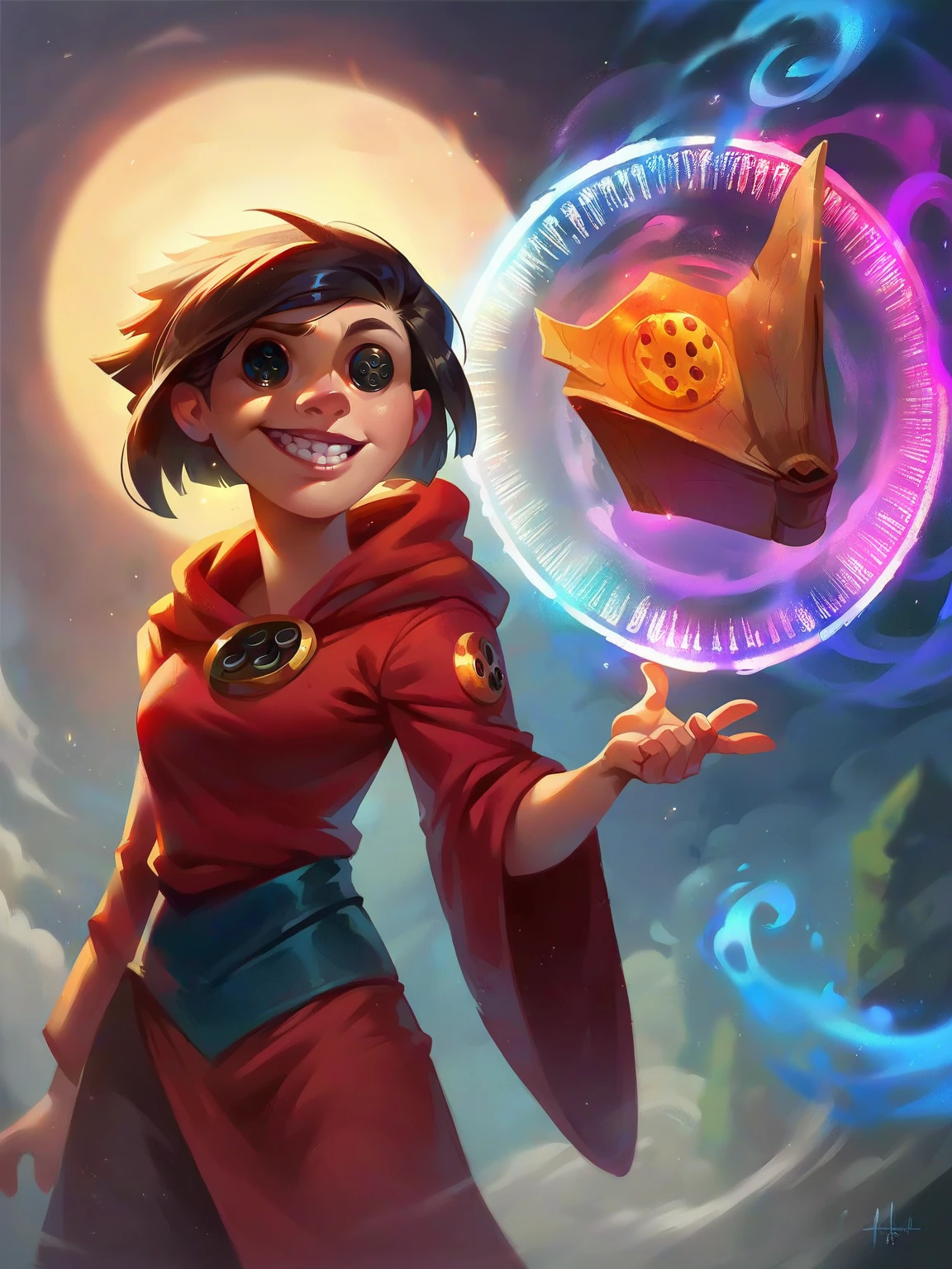 <lora:Other_Mother:0.6>, oth_m, 1girl, eyes buttons, mage, magic, epic,, score_9, score_8_up, score_7_up,
