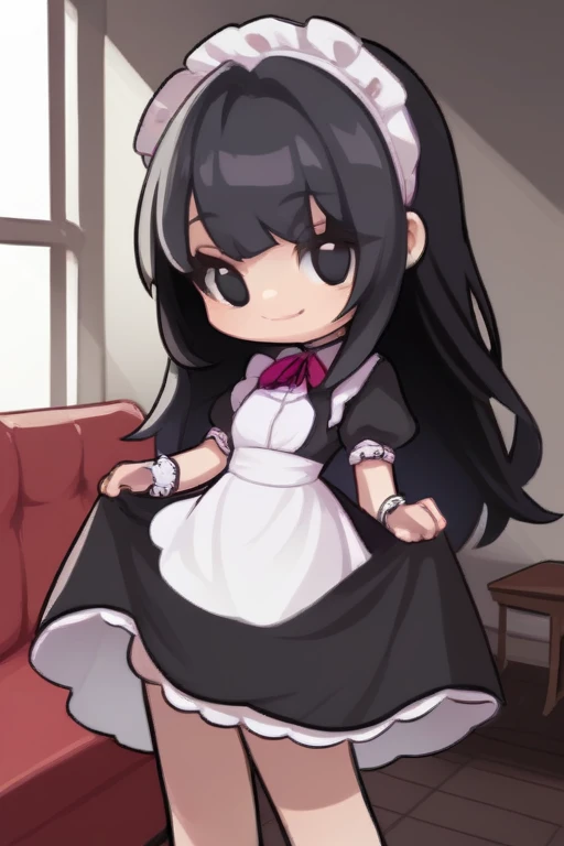 score_9, score_8, <lora:GTChibiXL640V1:0.8>, 1girl, chibi, black hair, long hair, black eyes, smile, maid, maid dress, maid apron, maid headdress, skirt hold, indoors, livingroom, cowboy shot