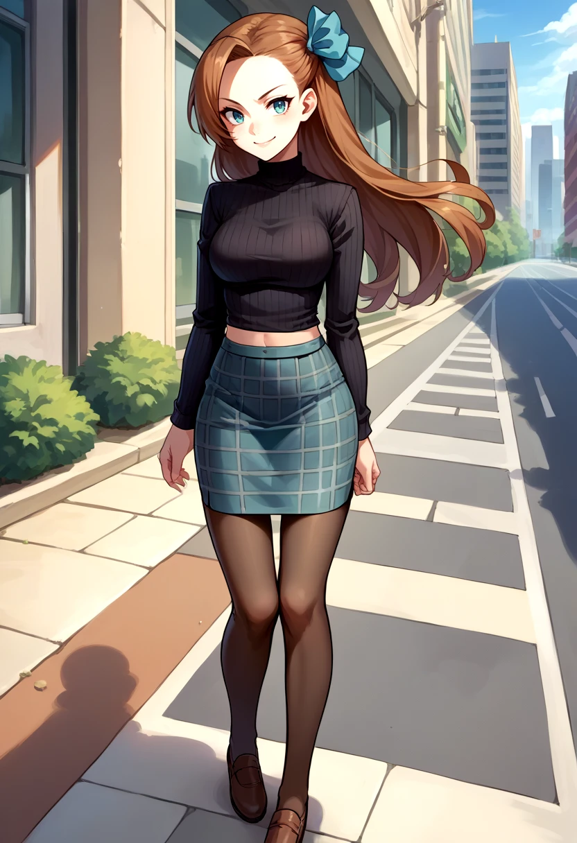 score_9, score_8_up, source_anime, 1girl, solo, KatarinaClaes, long hair, asymmetrical bangs, hair bow, ribbed sweater, black sweater, long sleeves, pencil skirt, plaid skirt, pantyhose, slight midriff, standing, smile, outdoors, sidewalk, city, <lora:CHAR-KatarinaClaesPonyXL:1>