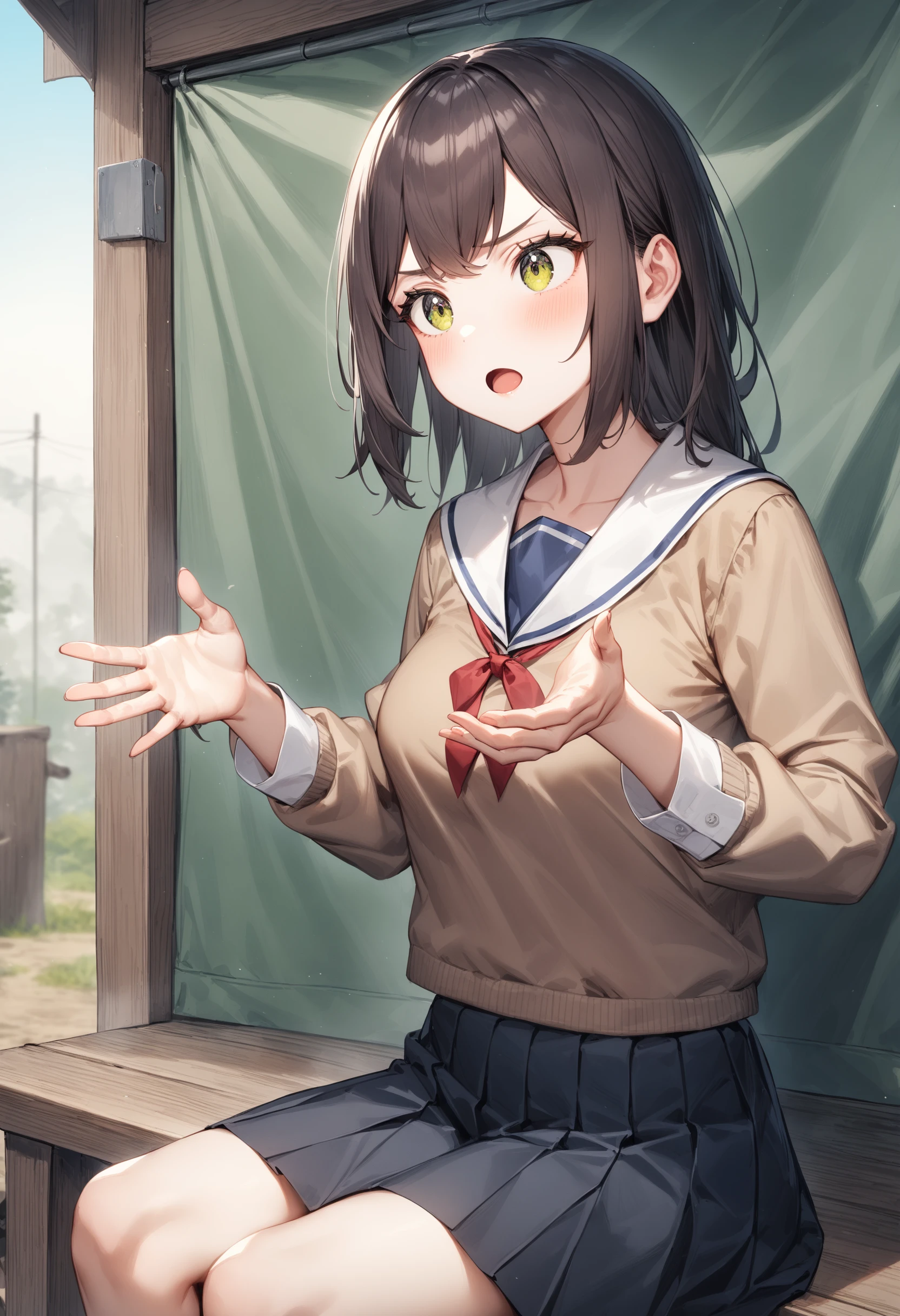 1girl, <lora:sdxl2-flat2-512b:-1>,medium breasts,school uniform,
potters wheel pose,<lora:potterswheelpose_XL_v1:0.7>open mouth, hands up, outstretched hand, sitting, looking away,
from side, portrait,  envy, encampment,
masterpiece, best quality, very aesthetic, absurdres