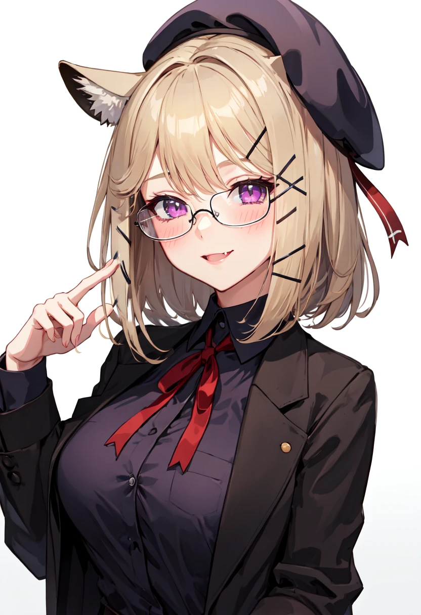 best quality, masterpiece, highres, solo, (utage_arknights:1.10), 1girl, beret, black jacket, looking at viewer, neck ribbon, official alternate costume, red ribbon, smile, collared shirt, glasses, long sleeves, open jacket, simple background, upper body, black headwear, purple shirt, closed mouth, white background, black shirt, holding, blush, medium hair, 1 <lora:utage_arknights:0.80>