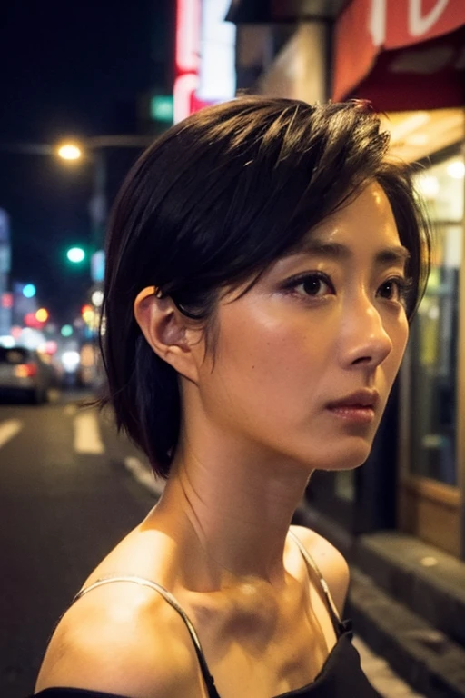 Best quality,masterpiece,ultra high res,(photorealistic:1.2),1girl,in the dark,deep shadow,low key,slim body,undone hair,off shoulder,japanese street alley,dynamic pose,face closeup,<lora:lunmei_guey:1>,cityscape,