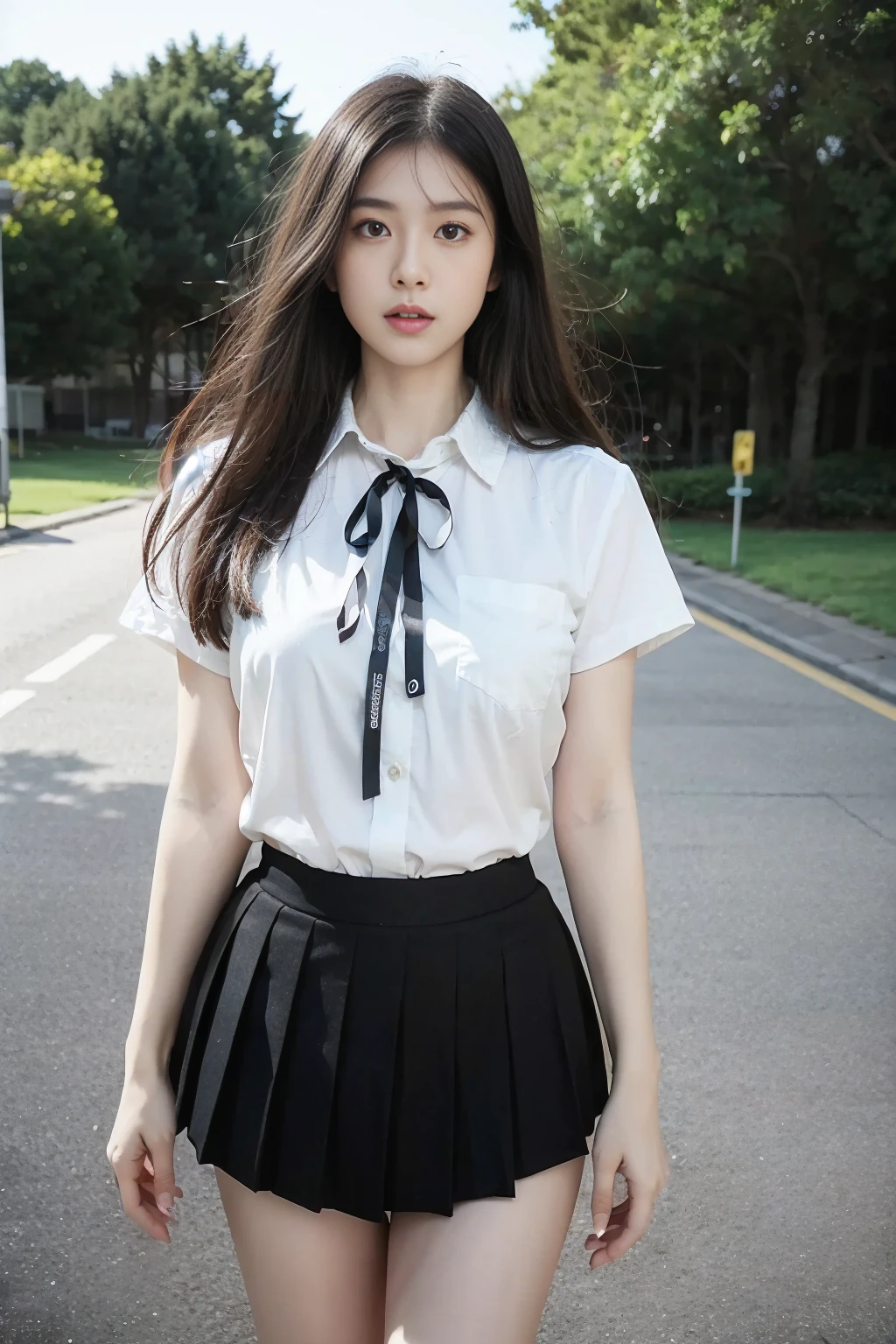 <lora:qingquxueshengfu:0.6>,<lora:1.5_perfect hands:0.8>,<lora:è
¿-000001:0.4>,full_body,a girl,school_uniform,shirt,truncated shirt,pleated_skirt,white shirt,outdoors,black pleated skirt,black tube socks,white bar,black ribbon,standing,<lora:Again_Girl_A14:0.9>,HD,highres,high quality,8k,kawaii,seijun,, best quality, masterpiece, (realistic, photo-realistic:1.37),ultra high res,highres,, illustration. media, delicate,8k wallpaper,soft light,official art,professional lighting, photon mapping, radiosity, physically-based rendering,1girl,