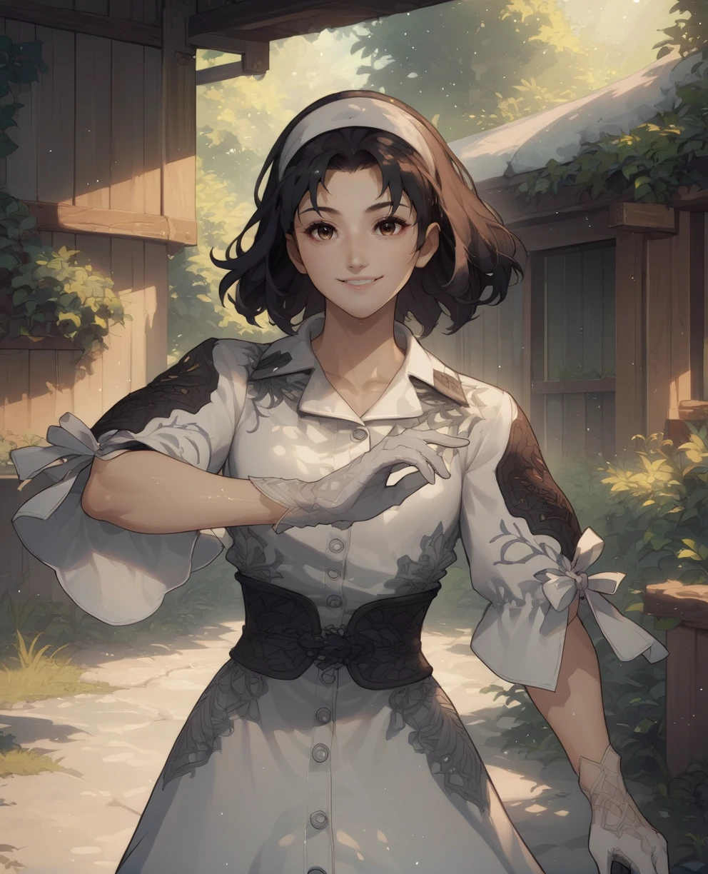 score_9,score_8_up,score_7_up, source_anime, 
junkazamaxl,black hair,medium hair,brown eyes,
hairband,white top,white gloves,
standing,upper body,smile,
outdoors,morning,spring,<lora:JunKazamaXLT8-11:1>,