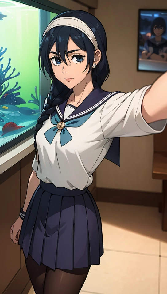 masterpiece, best quality, high resolution, highly detailed, HDR, intricate detail, ultra detailed,
BREAK
 <lora:Riko Amanai:0.6>_black hair_braids_hairband_perfect small breast,
BREAK
pleated skirt, pantyhose, school uniform,hairband, bolo tie
BREAK
(aquarium:1.4)
BREAK
(selfie:1.4)