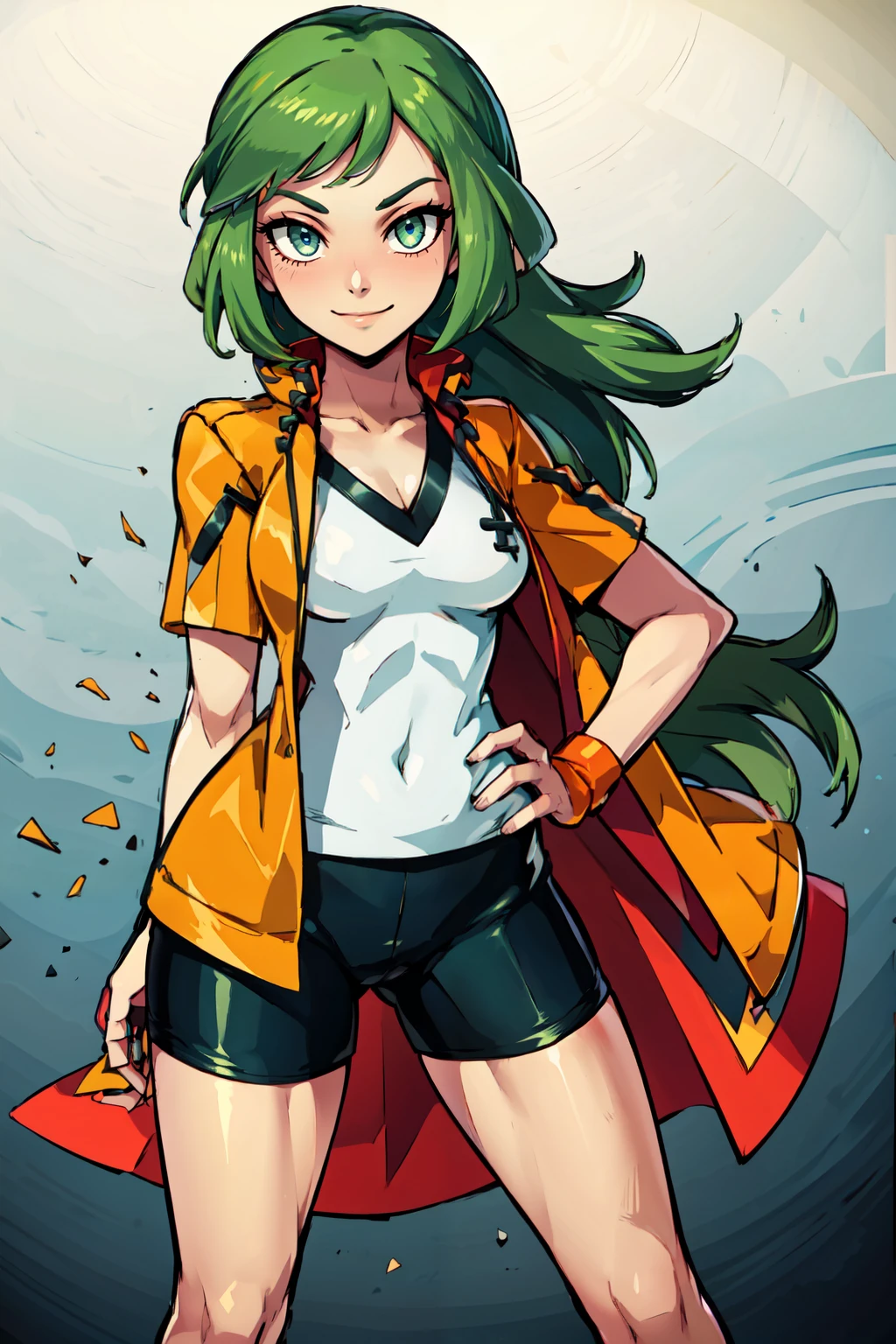 ((masterpiece,best quality)), absurdres,   <lora:Ace_Trainer_Pokemon_ORAS:0.7>,   ace trainer (pokemon), green hair, green eyes, long hair, blunt bangs, orange jacket, white shirt, black bike shorts,  hand on hip,   smile, looking at viewer, contrapposto, cowboy shot,