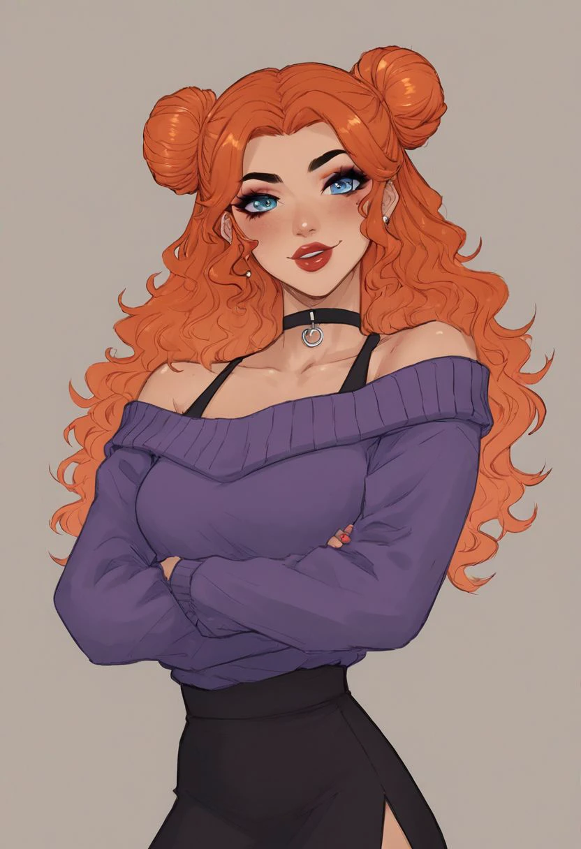 score_9, score_8_up, score_8, rating_explicit,
Tall girl, solo, slim body,
long wavy hair, ((multicolor hair)), ((orange hair with purple tips)), (((two bun hairstyle))), ((odango-style haircut)),
Blue eyes,
red cheeks, E-girl makeup, pink nail polish,
black choker, short A-line skirt, off-shoulder sweater,
((looking at viewer)),