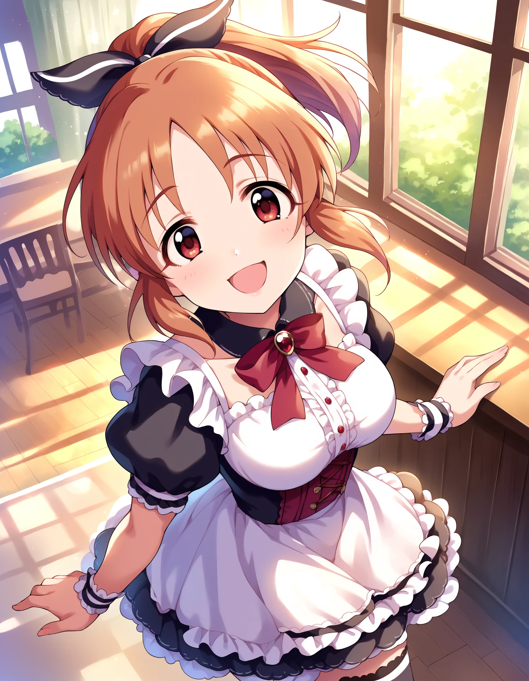 score_9, score_8_up, score_7_up, source_anime,
1girl solo, fov, from above, waitress, greeting upon entrance, skirt hold,  looking at viewer,   (smile:1.2), open mouth, indoors, in maid cafe, 
 window, day, sunbeam, 
<lora:AbeNana_pony_v1:0.9>
abnn, ************, short hair, brown hair, orange hair,  ponytail, bangs, red eyes, large breasts, 
white hair bow, 
satin girly dress, glossy gothic dress, lace trim, frills, corset, detailed embroidery, miniskirt, thighhighs, zettai ryouiki, 
detailed eyes, eyeliner,