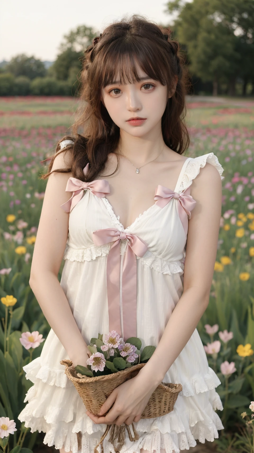 best quality,HDR,UHD,8K,Vivid Colors,solo,photo_,(1girl:1.3),(standing:1.3),(looking at viewer:1.4),Elegant,detailed gorgeous face,(cowboy shot:1.2),morning,(flower field background:1.2),black eye,long hair,sunlight,dappled sunlight,marginal light,<lora:Twinkle15:0.75>,ribbon,flower,frills,