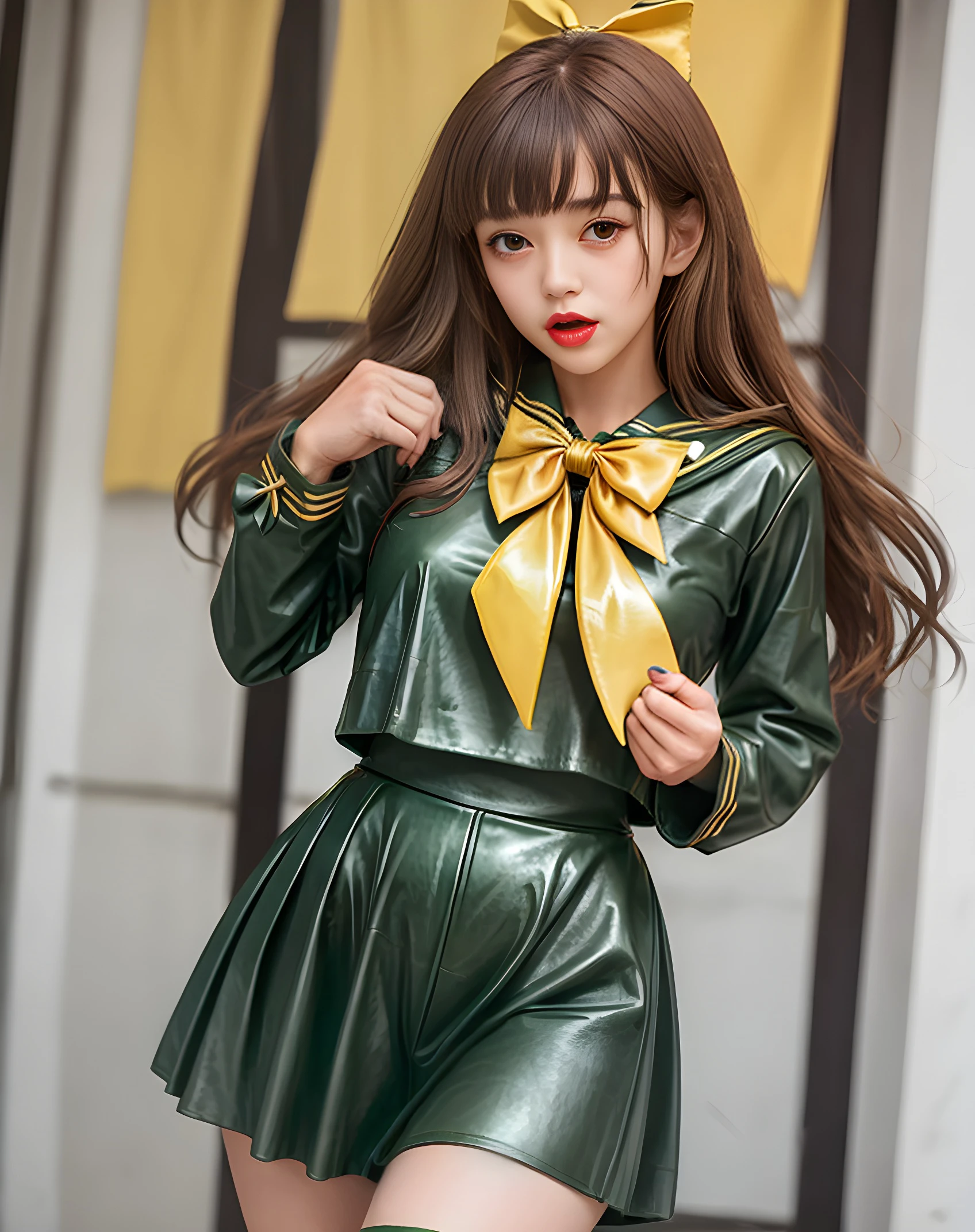 a woman in a green leather sailor suit with gold trim and yellow bow tie