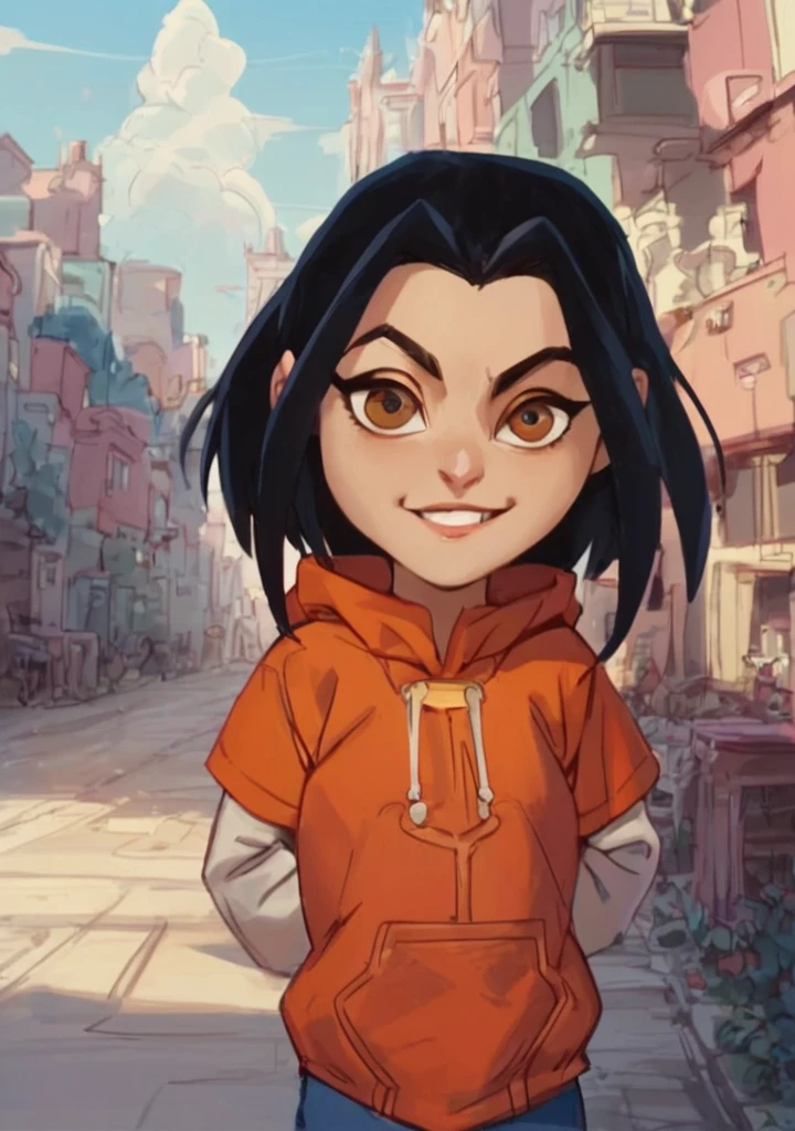 jadechan, black hair, solo, brown eyes, 1girl, hoodie, long sleeves, pants,upper body, looking at viewer, smile, outdoors, standing,arms behind back,  score_9, score_8_up, score_7_up, <lora:Jadepony2:1>  zPDXLxxx