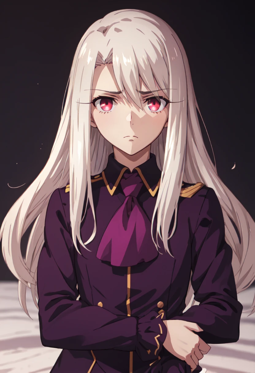best quality, masterpiece, highres, solo, (illyasviel_von_einzbern_fatestaynightufotable:1.10), 1girl, ascot, closed mouth, purple shirt, upper body, anime coloring, frown, looking at viewer, long sleeves, anime_style, 0 <lora:illyasviel_von_einzbern_fatestaynightufotable:0.80>