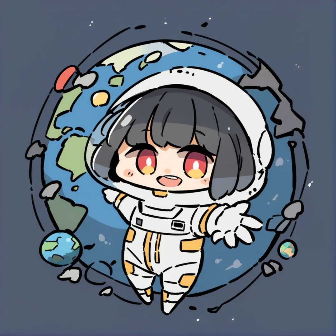 chibi,1girl, astronaut, bangs, blurry, blurry foreground, depth of field, earth, ((planet)), helmet, looking at viewer, lucy, (cyberpunk), red eyes, open mouth, reaching towards viewer, red eyeliner, short hair, smile, solo, space, space helmet, spacesuit, star, (sky), teeth, upper body, upper teeth only, white gloves, black hair, yellow eyes,blue background,<lora:cHIBIcOMIc:0.9>