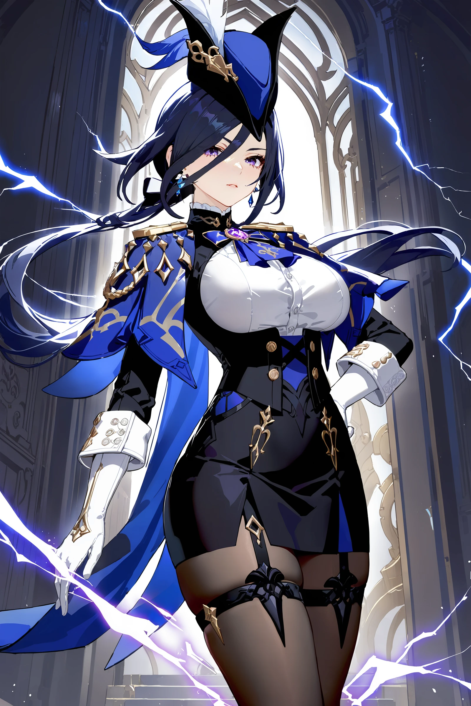 masterpiece, best quality, perfect features, intricate details, ray tracing, newest,(hitenkei, askzy:0.4), 1girl, clorinde \(genshin impact\), tricorne, black pantyhose, earrings, blue cape, white gloves, pencil skirt, white shirt, thigh strap, underbust, ascot, fold-over boots, black jacket, full body, lightning, electricity, aura, looking at viewer, floating hair, glaring, hand on hilt, sword <lora:quality1:0:hr=1>, <lora:Char-Genshin-Clorinde-XL-V1:0.9>
