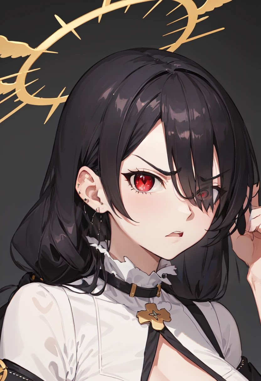 1girl, jewelry, earrings, red eyes, solo, long hair, black hair, looking at viewer, expressionless, closed mouth, necklace, choker, portrait, bangs, upper body,bad-girl, large breasts,shiny skin,(mature female),<lora:badgirl-test-lora-wdvae-6ep-resize:0.7>