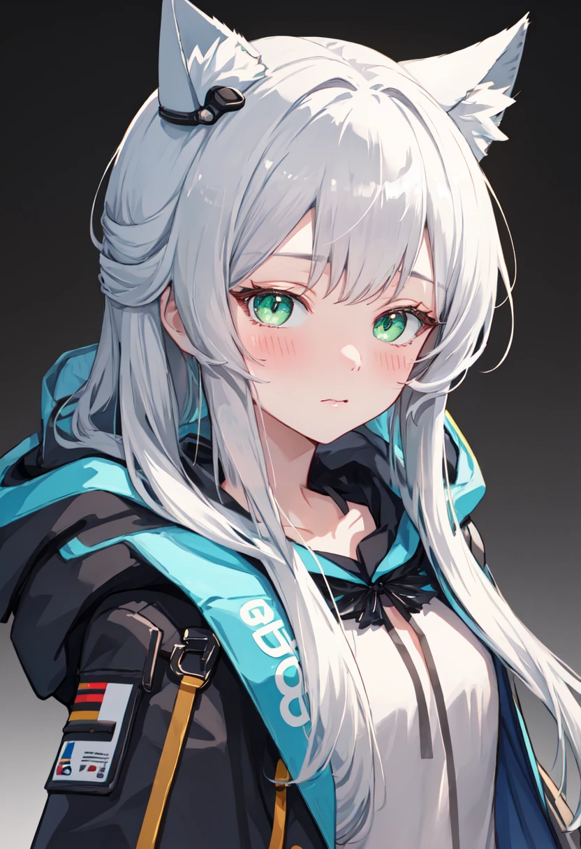 best quality, masterpiece, highres, solo, (rosmontis_arknights:1.10), 1girl, hood down, looking at viewer, upper body, jacket, blush, simple background, white background, closed mouth, 4 <lora:rosmontis_arknights:0.80>