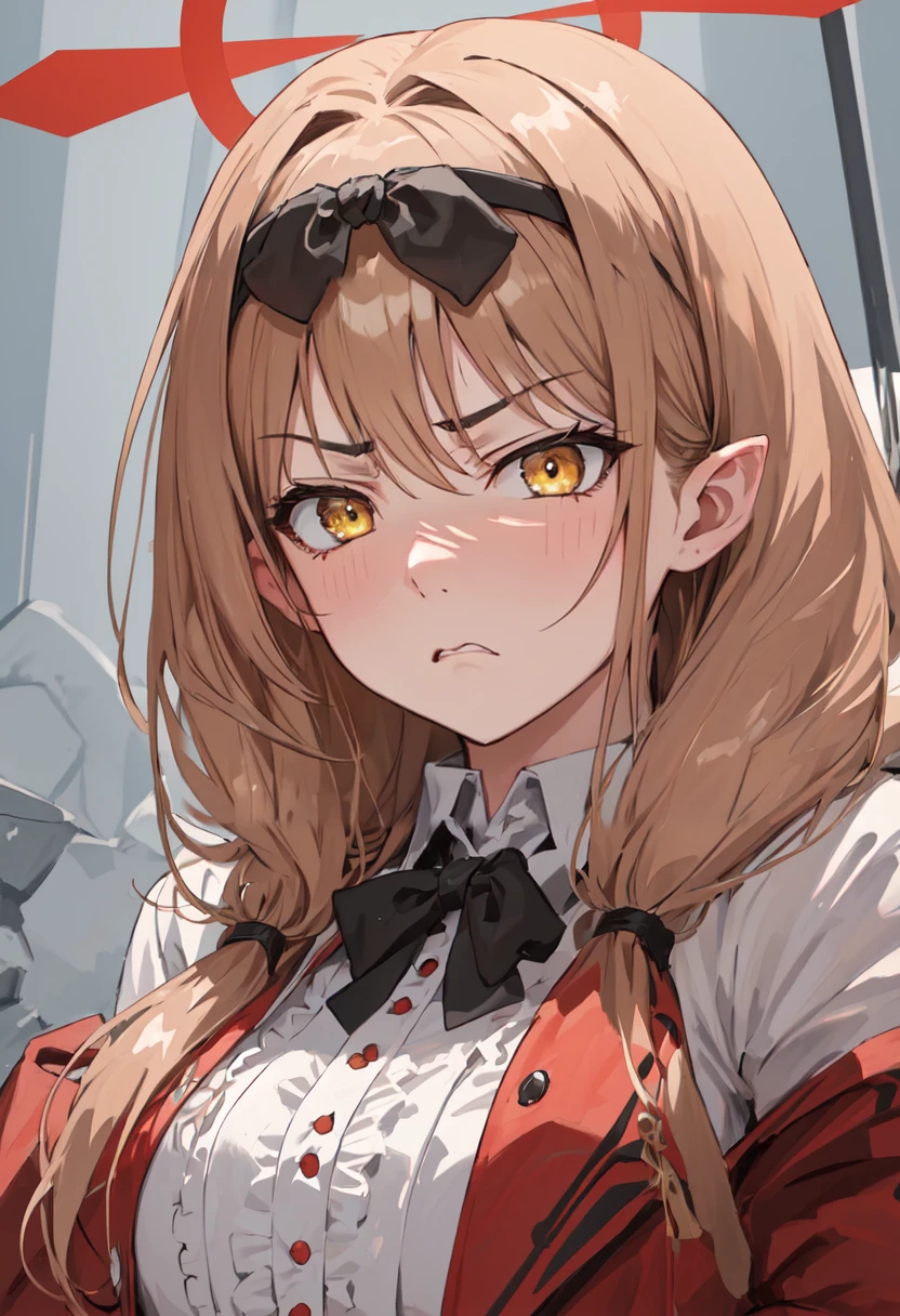 best quality, masterpiece, highres, solo, (chinatsu_bluearchive:1.10), angry, annoyed, portrait, looking at viewer, 38 <lora:chinatsu_bluearchive:0.80>