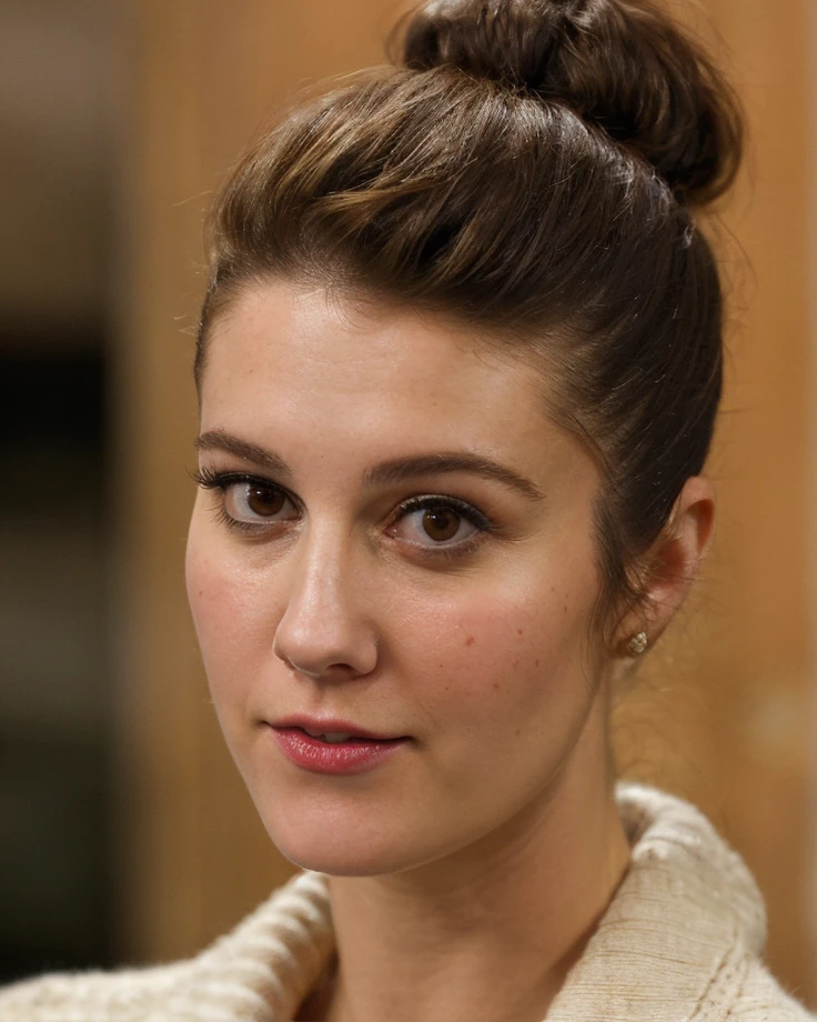a picture of (ohwx woman:1.1), high hair bun,realistic, photorealistic, detailed skin, surface scattering, bokeh, skin pores, city streets,wearing a sweater,indoors, <lora:maryElizabeth15:1>looking at viewer,detailed face,subtle smile, epiCPhoto