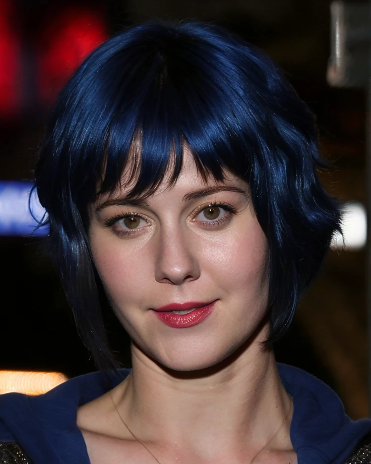 a picture of (ohwx woman:1.1), blue short bob hair,realistic, photorealistic, detailed skin, surface scattering, bokeh, skin pores, city streets,wearing a jacket,outdoors, <lora:maryElizabeth15:1>looking at viewer,detailed face,subtle smile