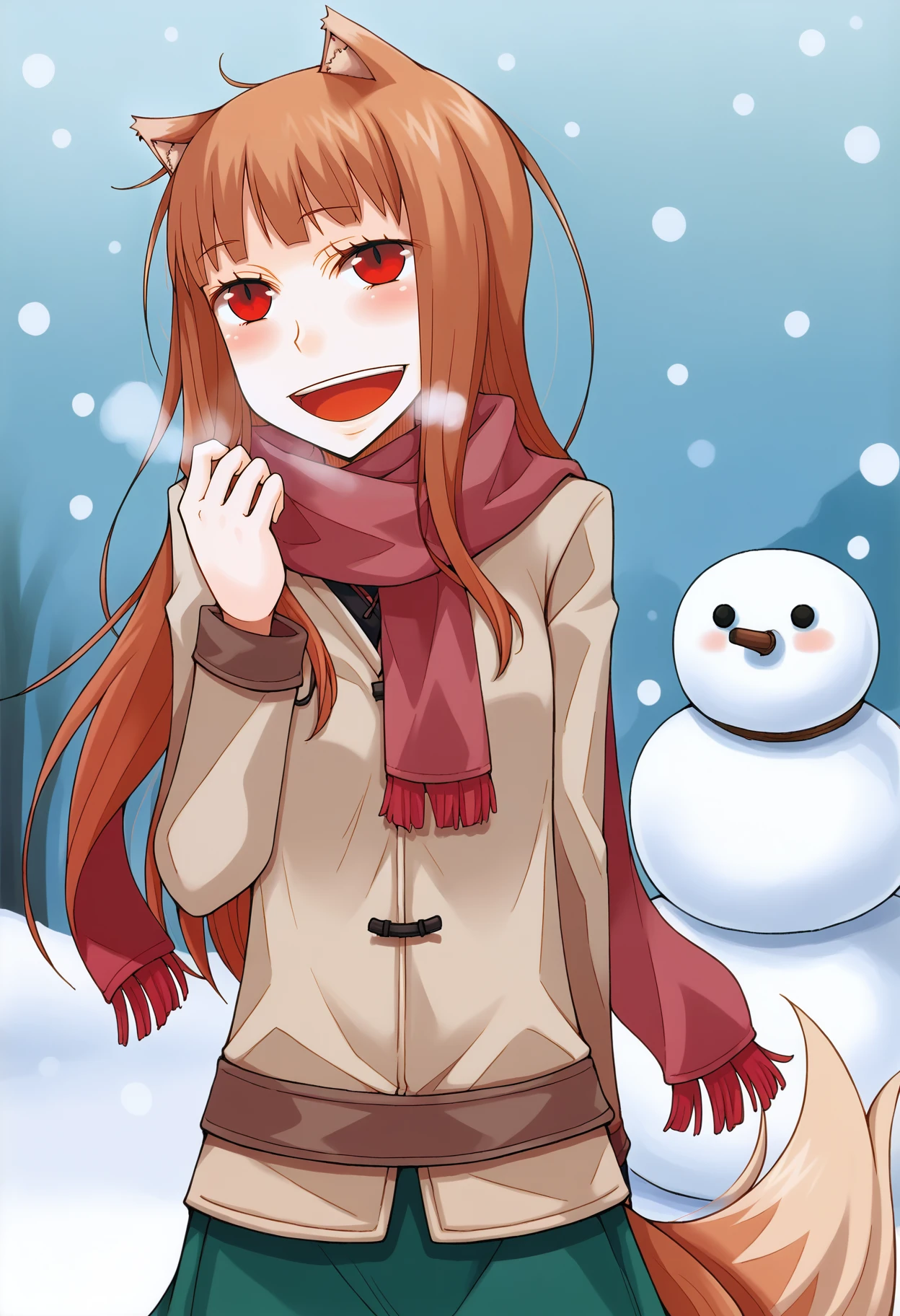 score_9, best quality, masterpiece, uncensored, source_anime
BREAK
1girl, solo, long hair, blush, smile, open mouth, skirt, brown hair, red eyes, animal ears, tail, scarf, wolf ears, breath, wolf tail, wolf girl, holo, outdoors, winter, snowing, snow, snowflakes, snowman
<lora:ayakura_juu_pony_v2:1>