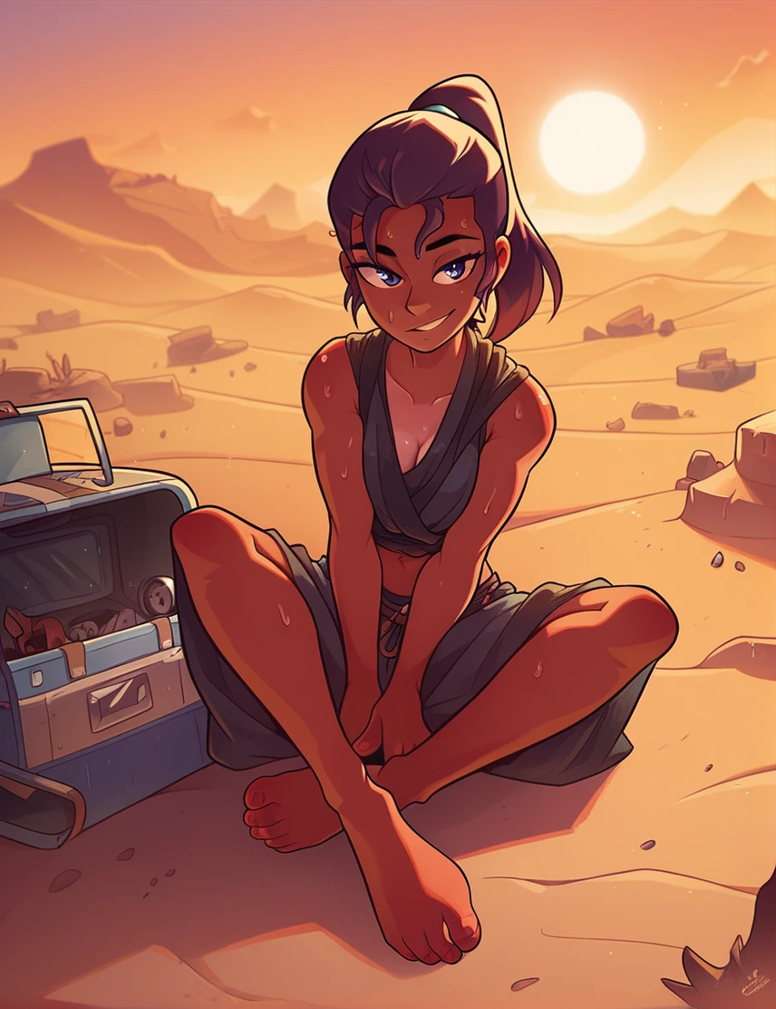 score_9, score_8_up, score_7_up, girl, tan, scorching sun, sweating profusely, desert, exhausted, looking at viewer, smile, ponytail, secret hideout, barefoot