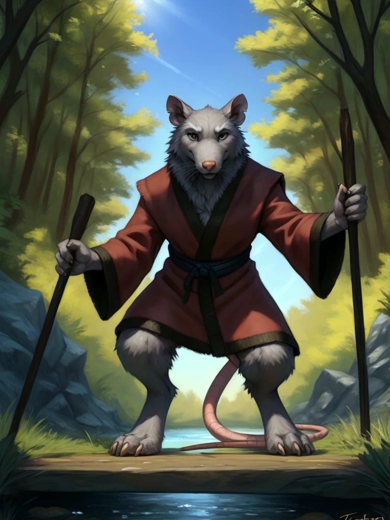  <lora:SplinterHamatoYoshiNGYiFlufrock:1>  SplinterHamatoYoshiNGYiFlufrock, Rat, Red robe, black belt,
solo,  black eyes,   looking at viewer,  standing, full height, (beautiful, aesthetic, perfect, delicate, intricate, masterpiece,)
uploaded on e621, textured fur, furry,  [The sun is shining, nature, forest, river, trees, grass, road, sky with clouds,]
by taran fiddler, by cynicalstarr, by personalami,
