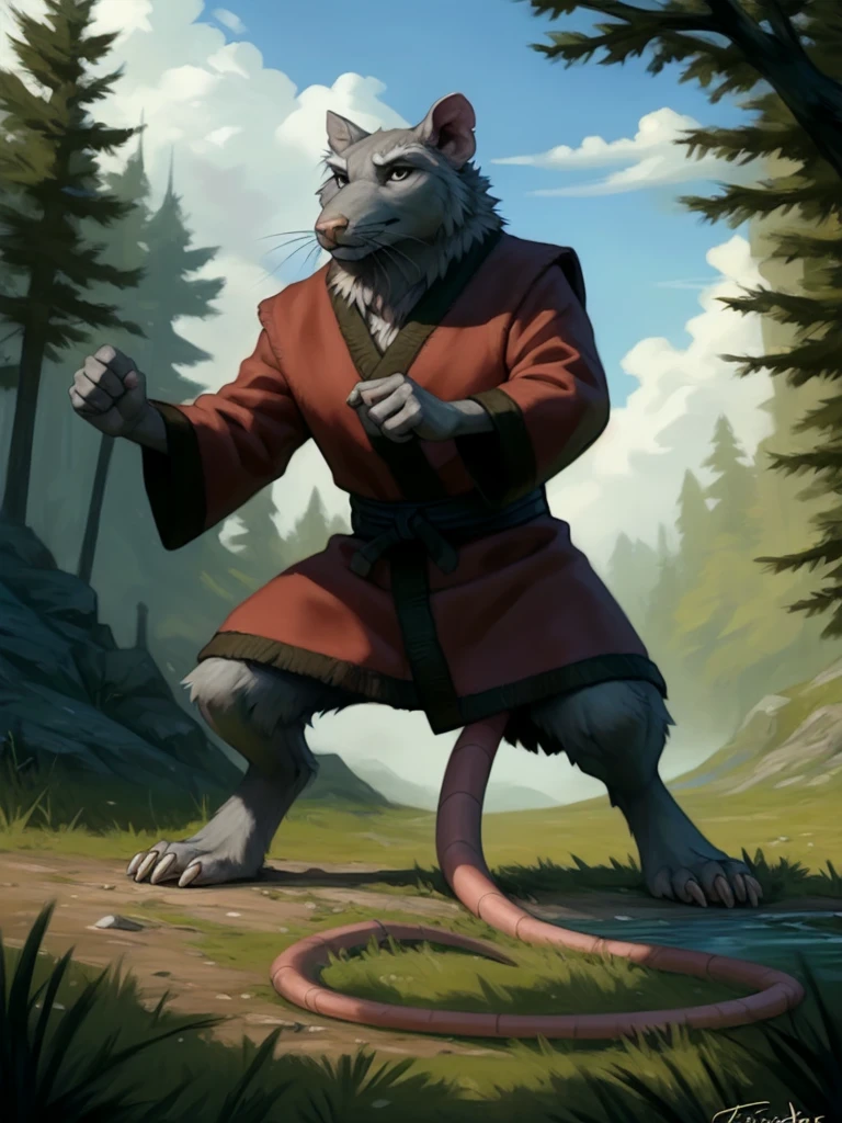  <lora:SplinterHamatoYoshiNGYiFlufrock:1>  SplinterHamatoYoshiNGYiFlufrock, Rat, Red robe, black belt,
solo,  black eyes,   looking at viewer,  (fighting stance), (beautiful, aesthetic, perfect, delicate, intricate, masterpiece,)
uploaded on e621, textured fur, furry,  [The sun is shining, nature, forest, river, trees, grass, road, sky with clouds,]
by taran fiddler, by cynicalstarr, by personalami,