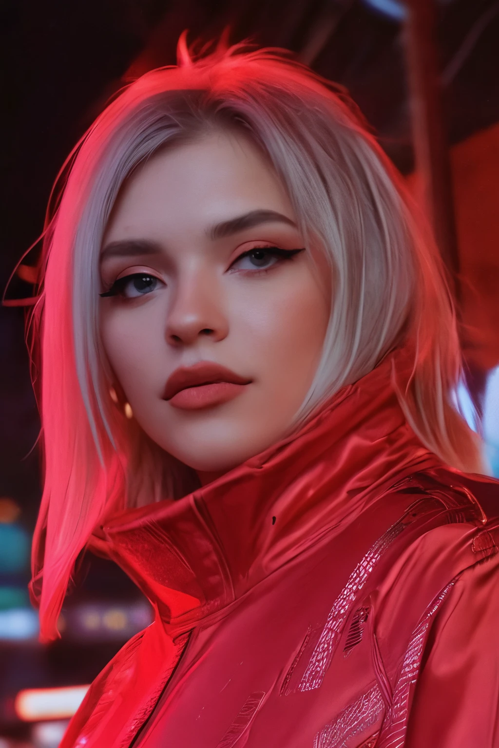 ann13qu33n <lora:ann13qu33n_sxdl:1> portrait, cyberpunk background, neon lights, night, oversized jacket, edgerunners, 2077, turtleneck, red pants, medium close-up