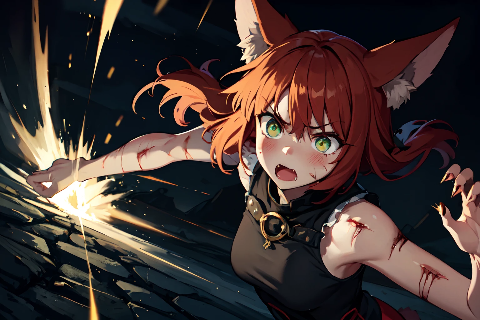 hires,high quality,best quality,1girl, mature female,full blush,medium breasts, fox girl, fox ears, orange hair, green eyes, furious, jumping, feral, claws, angry, cuts, lightcuts, injury, scratches,  torn clothes, in air, dungeon, glowing eyes, dungeon background,action shot, dark, night, dim, low key, face focus, sleeveless shirt
 <lora:LowRA:0.4><lora:dungeon v1:0.5><lora:light cuts v1:0.8>