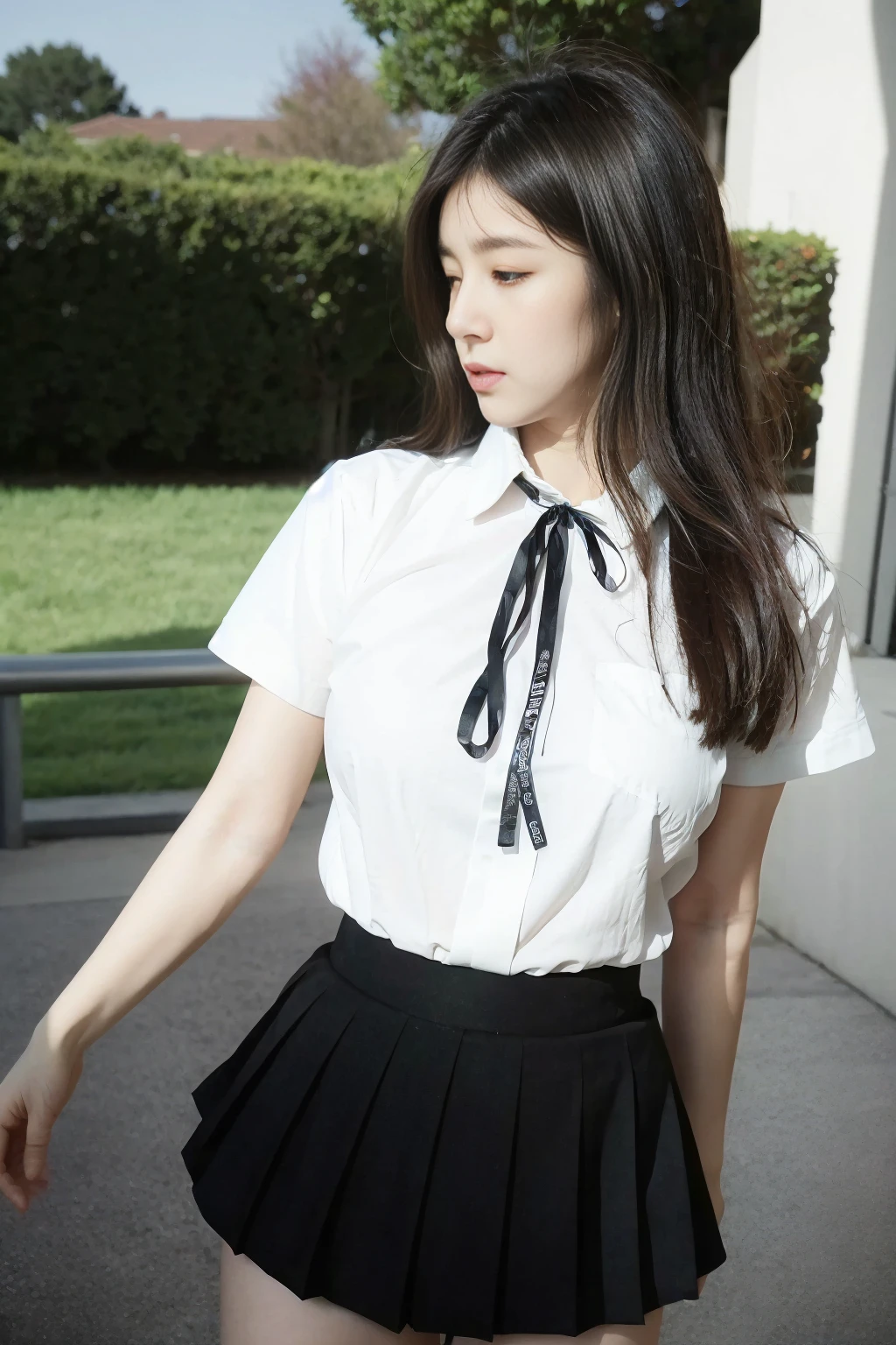 <lora:qingquxueshengfu:0.8>,<lora:1.5_perfect hands:0.8>,<lora:è
¿-000001:0.4>,full_body,a girl,school_uniform,shirt,truncated shirt,pleated_skirt,white shirt,outdoors,black pleated skirt,black tube socks,white bar,black ribbon,standing,<lora:Again_Girl_A14:0.8>,, best quality, masterpiece, (realistic, photo-realistic:1.37),ultra high res,highres,, illustration. media, delicate,8k wallpaper,soft light,official art,professional lighting, photon mapping, radiosity, physically-based rendering,1girl,