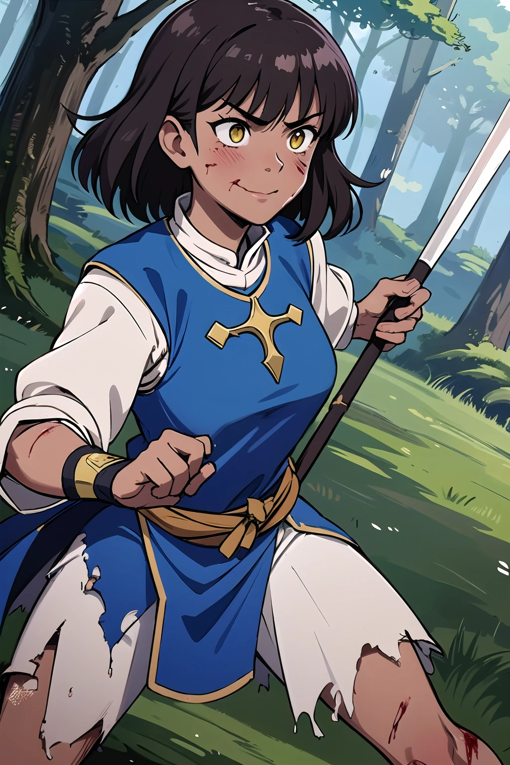 solo, hires,high quality,best quality,1girl,1boy, mature female,full blush,medium breasts, (dark skin:1.2),(dark skinned female:1.2),medium hair,yellow eyes, brown hair,(smirk:1.1),angry, cuts, lightcuts,cuts on thighs, blood on face, injury, scratches, padded armor, wizard, fighting stance, weapon, <lora:light cuts v1:0.8>, fantasy, medieval, (torn clothes:1.2), blood on clothes, forest, action shot, dutch angle, tabard, holding wooden staff