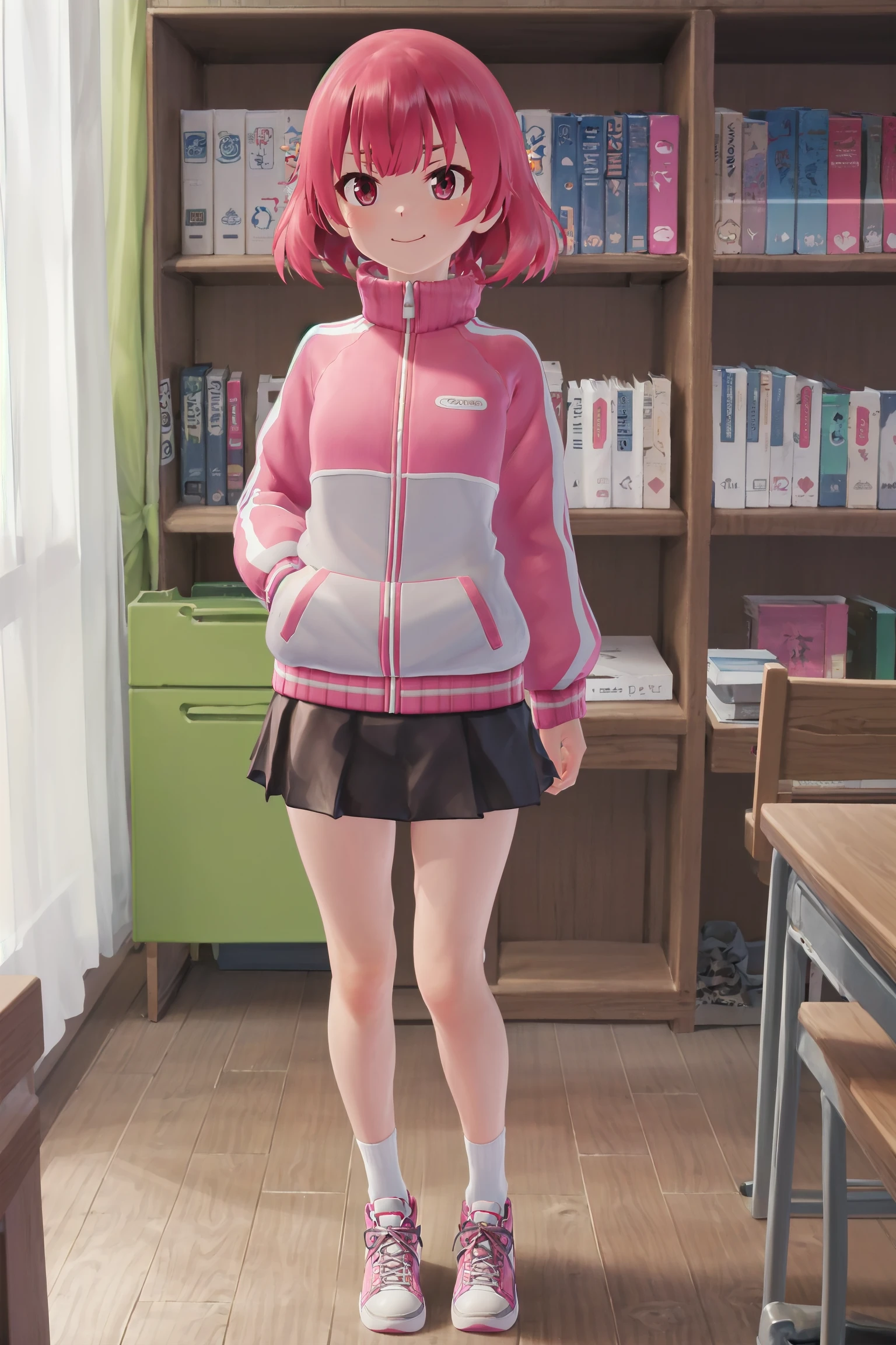 absurdres, high detail, uhd, private room, desk, book shelf,
standing, smug face,
solo, kurona, chirucos, track jacket, multicolored jacket, pink jacket, white jacket, long sleeves, pleated skirt, black skirt, white socks, pink footwear, sneakers
<lora:game-galgun2-kurona-t2-000100:0.8>
