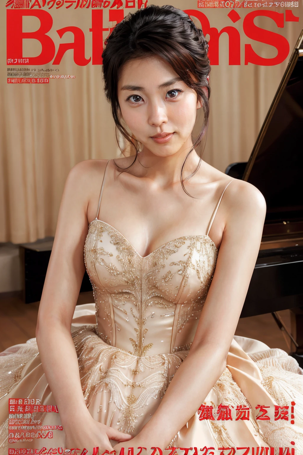 adult beautiful woman, high quality, best quality, highres, high detail,,dr3ss, (ballgown, ),, , grand hall, {playing piano}, Magazine cover,
<lora:takakomatsulora:1>takakomatsulora