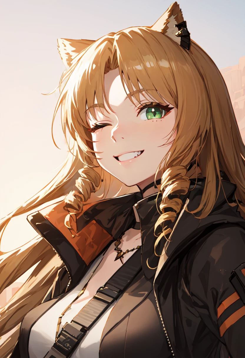 best quality, masterpiece, highres, solo, (swire_arknights:1.10), smile, happy, one eye closed, portrait, looking at viewer, 38 <lora:swire_arknights:0.80>