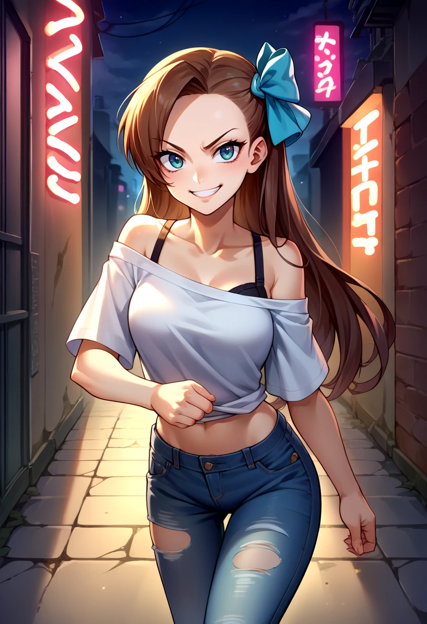 score_9, score_8_up, source_anime, 1girl, solo, KatarinaClaes, long hair, asymmetrical bangs, hair bow, stylish outfit, hip hop, off-shoulder shirt, single bare shoulder, bra strap, jeans, ripped jeans, midriff, night, alley, smile, neon lights, confident stance, <lora:CHAR-KatarinaClaesPonyXL:1>