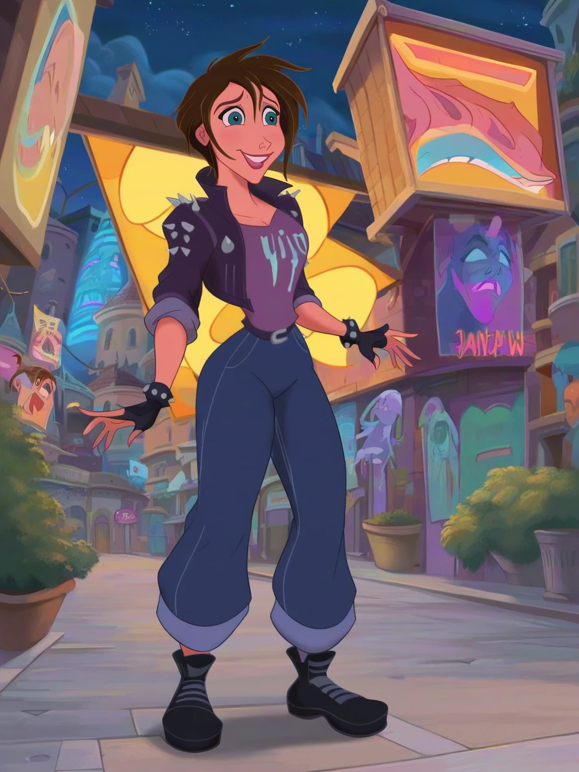 <lora:Jane_Porter:0.8>, ja_po, 1girl, brown hair, blue eyes, full body, cuberpunk neon outfit, at night, night city background, score_9, score_8_up, score_7_up,