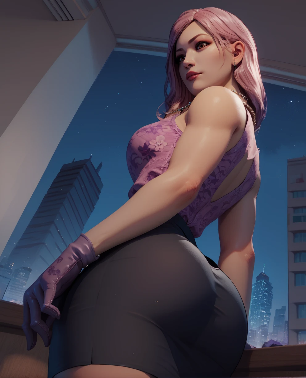 score_9,score_8_up,score_7_up,score_6_up,
seonhee,long hair,brown eyes,pink hair,makeup,
jewelry,gloves,necklace,purple floral print shirt,black skirt,sleeveless,
from below,ass,
cityscape,night,indoors,
<lora:Seong-Hui:0.8>,