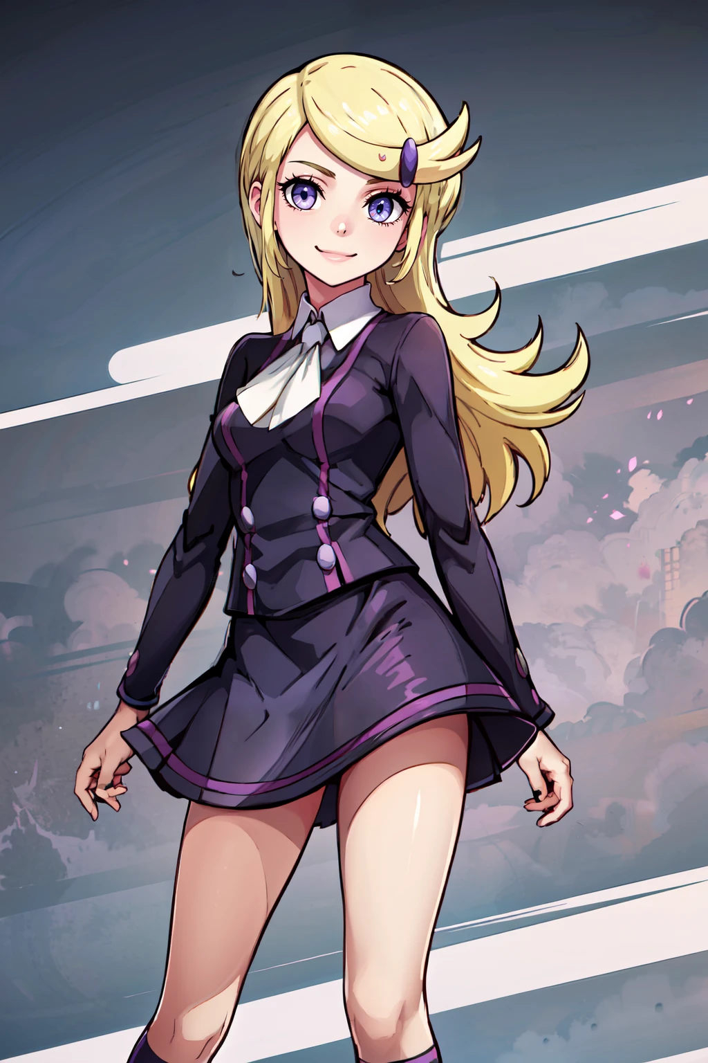 ((masterpiece,best quality)), absurdres,   <lora:Ace_Trainer_Pokemon_XY:0.7>,   ace trainer (pokemon), swept bangs, blonde hair, purple eyes,   white neckwear, purple skirt, purple socks,   side view,   smile, looking at viewer, contrapposto, cowboy shot,