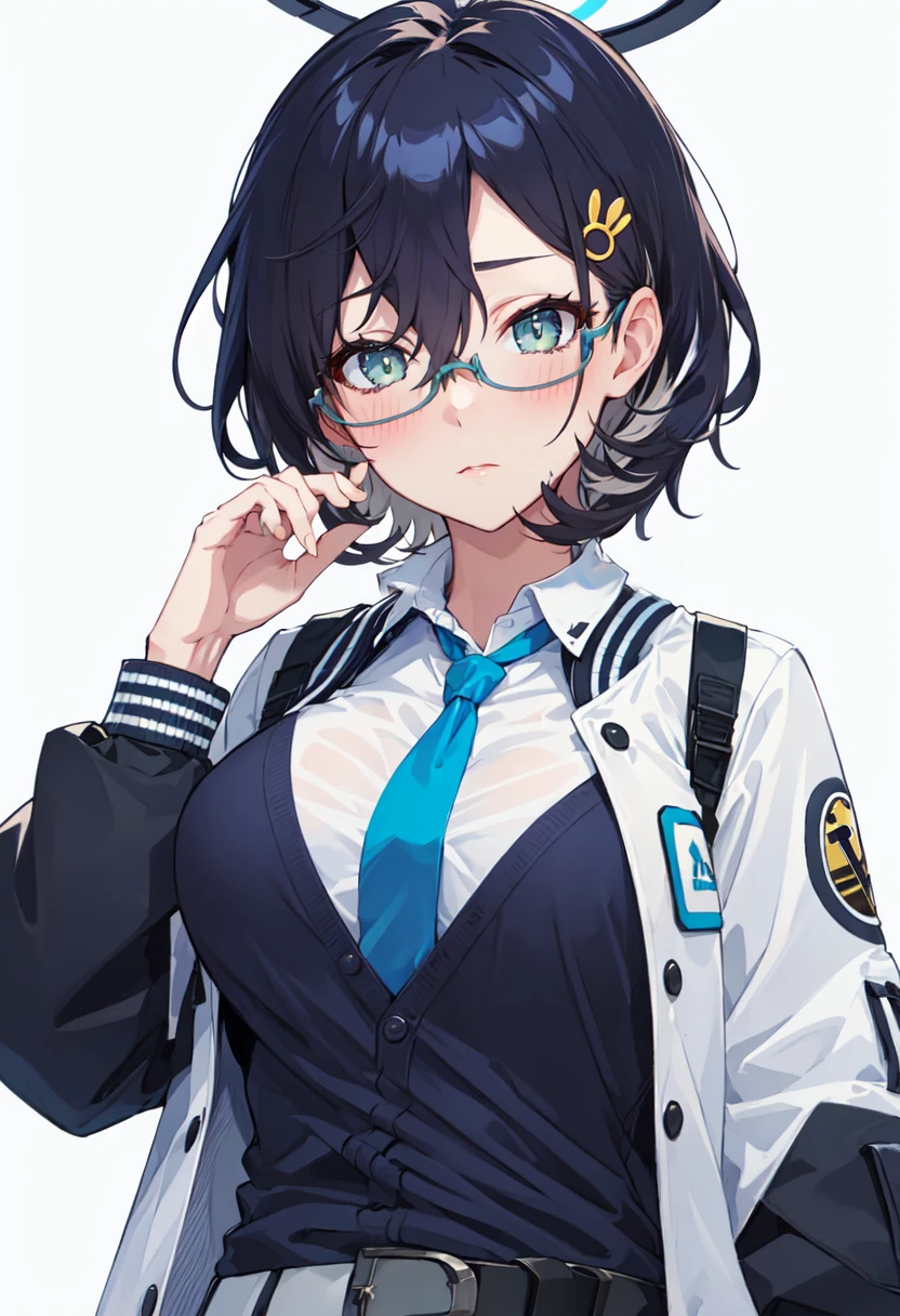 best quality, masterpiece, highres, solo, (chihiro_bluearchive:1.10), 1girl, blue necktie, collared shirt, simple background, upper body, white shirt, looking at viewer, white background, closed mouth, blush, long sleeves, id card, open jacket, under-rim eyewear, two-tone jacket, 1 <lora:chihiro_bluearchive:0.80>
