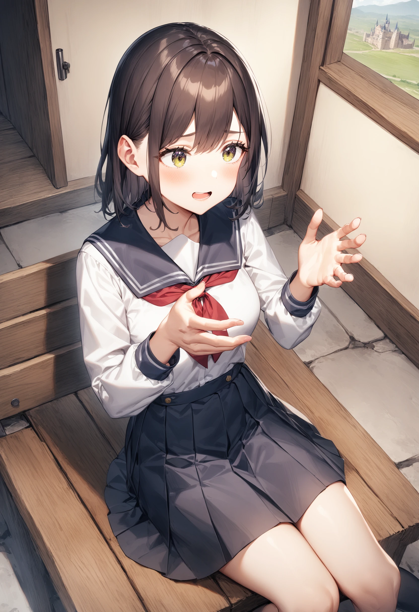 1girl, <lora:sdxl2-flat2-512b:-1>,medium breasts,school uniform,
potters wheel pose,<lora:potterswheelpose_XL_v1:0.7>open mouth, hands up, outstretched hand, sitting, looking away,
from above, wide shot, confused, at castle,
masterpiece, best quality, very aesthetic, absurdres