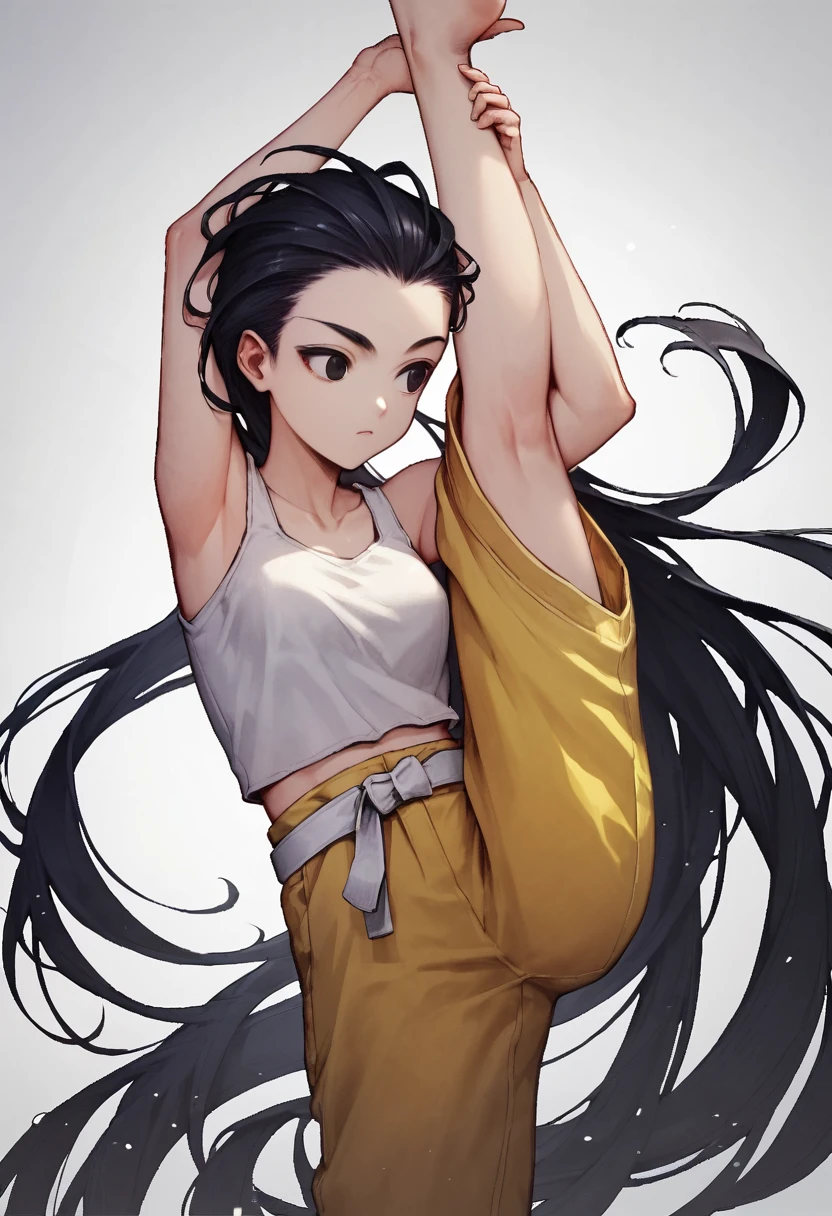 score_9, score_8_up, score_7_up, score_6_up, score_5_up, score_4_up,  source_anime, <lora:super_oume_otane-03:0.9> 1girl, solo, black eyes,white_tank_top,hair slicked back,black hair,very long hair,straight hair,[sandals:0.5], white belt,yellow pants, 
stretching, standing on one leg, leg_lift, folded, on leg up