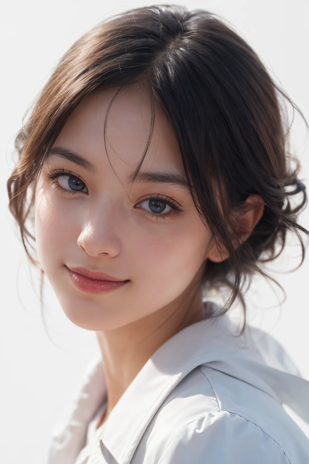 scenic professional photograph of (sharp focus:1.2), ((cowboy shot)), raw photo, DSLR photo, 8k hdr, ((masterpiece, best quality)), photorealistic, (photorealistic:1.2), HDR, high quality, high-definition, 1girl, standing 18 year old girl, Stands in front of a white photo canvas, (completely white background:1.4), Photorealistic, Hyperrealistic, Hyperdetailed, analog style, (soft lighting, soft shadow:1.4), realistic, masterpiece, best quality, ultra realistic, 8k, Intricate, High Detail, film photography, perfect viewpoint, highly detailed, wide-angle lens, hyper realistic, with dramatic sky, polarizing filter, natural lighting, vivid colors, everything in sharp focus, HDR, UHD, 64K, (beautiful_skin fair_skin white_skin), ((realistic_skin)), (young:1.4), perfect face, detailed beautiful face, glossy lips, smile, looking at viewer,