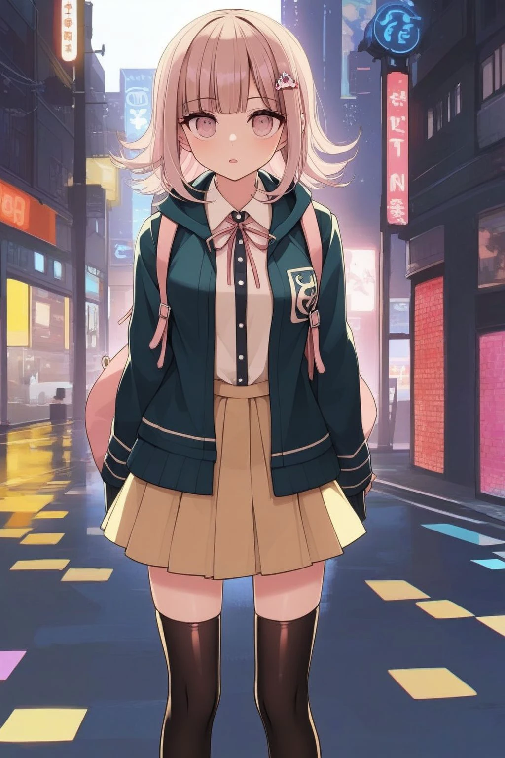 <lora:nanami_chiaki AID XL-000002:1>,1girl,solo,nanami chiaki,hair ornament,lack jacket,long sleeves,two-tone shirt,neck ribbon,brown skirt,thighhighs,backpack,Standing on the ground,frontal,front view,Positive por,masterpiece,best quality,very aesthetic,absurdres,neon lights,