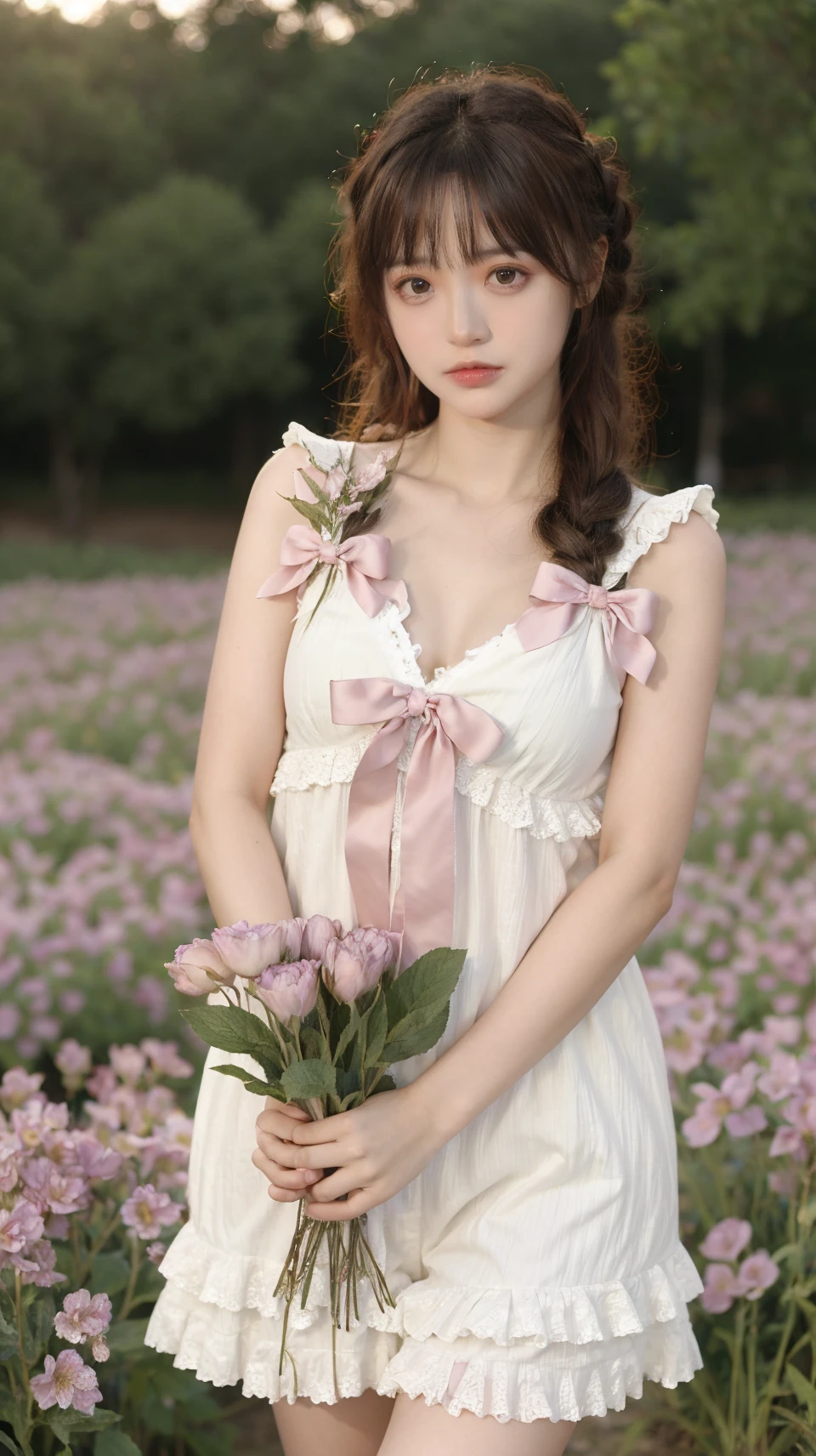 best quality,HDR,UHD,8K,Vivid Colors,solo,photo_,(1girl:1.3),(standing:1.3),(looking at viewer:1.4),Elegant,detailed gorgeous face,(cowboy shot:1.2),morning,(flower field background:1.2),black eye,long hair,sunlight,dappled sunlight,marginal light,<lora:Twinkle15:0.75>,ribbon,flower,frills,