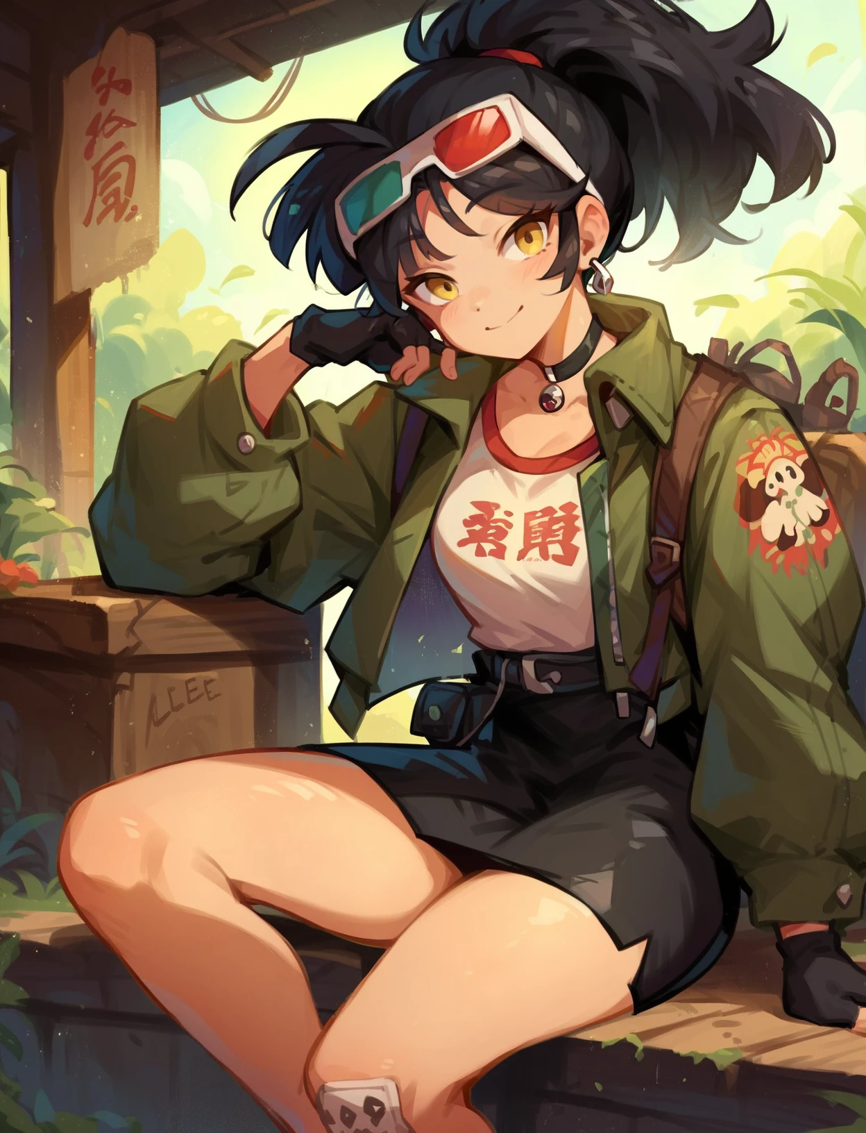 score_9, score_8_up, score_7_up, score_6_up, score_5_up, 1girl,  <lora:An-An_Lee:0.65>, an-an-lee, black hair, ponytail, eyewear on head, yellow eyes, earrings, choker, green jacket, skirt, smile, black skirt, black gloves, fingerless gloves, sitting, 
<lora:Khyleri_EXL:0.5>